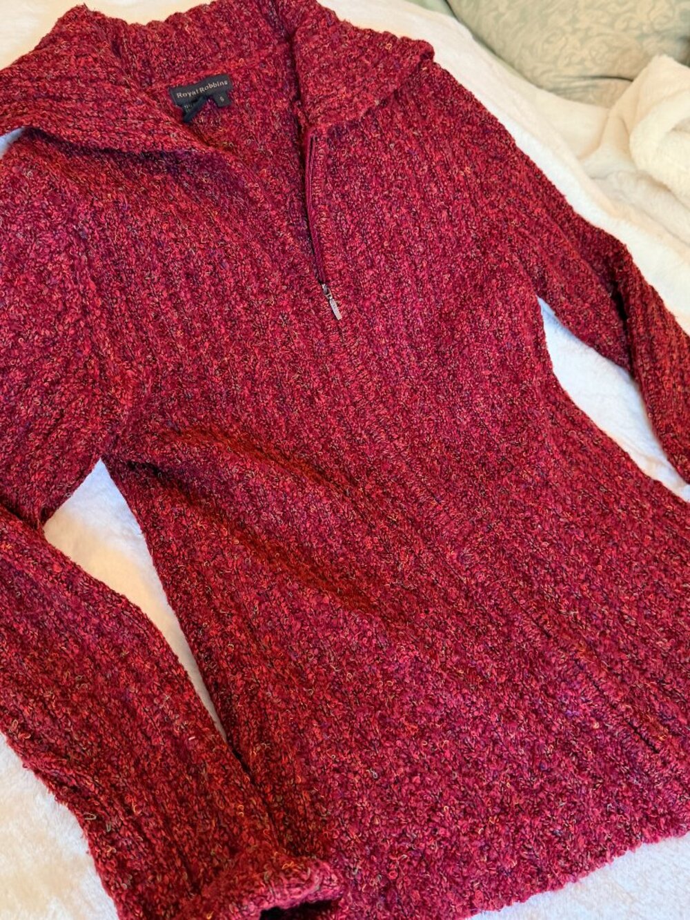 Cozy-Soft Royal Robbins Ribbed Boucle Full Zip Sweater Jacket Burgundy Small